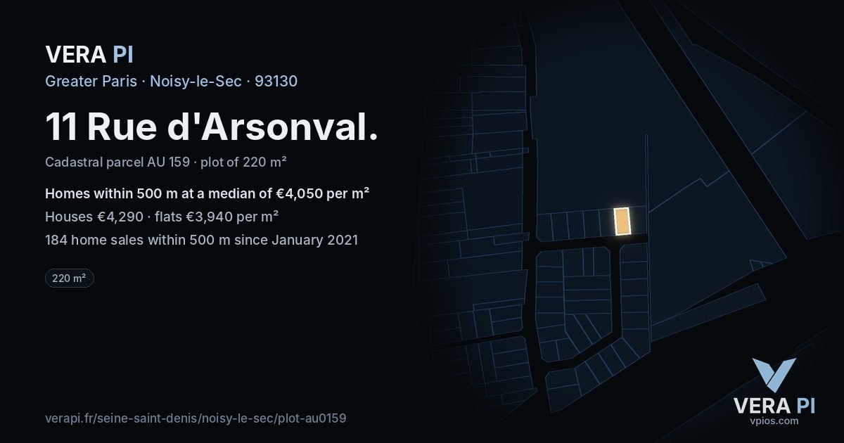 11 Rue d'Arsonval, Noisy-le-Sec at night – the plot lit, the parcels around coloured by the prices near them