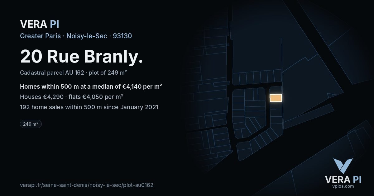 20 Rue Branly, Noisy-le-Sec at night – the plot lit, the parcels around coloured by the prices near them