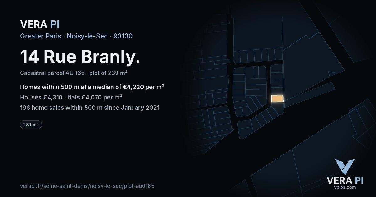 14 Rue Branly, Noisy-le-Sec at night – the plot lit, the parcels around coloured by the prices near them
