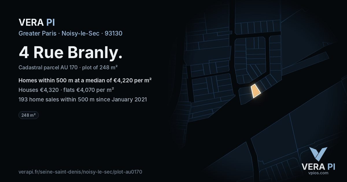 4 Rue Branly, Noisy-le-Sec at night – the plot lit, the parcels around coloured by the prices near them