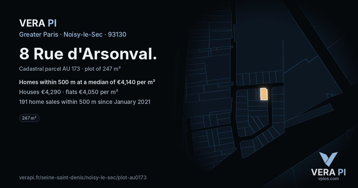 8 Rue d'Arsonval, Noisy-le-Sec at night – the plot lit, the parcels around coloured by the prices near them