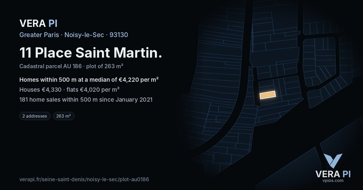 11 Place Saint Martin, Noisy-le-Sec at night – the plot lit, the parcels around coloured by the prices near them