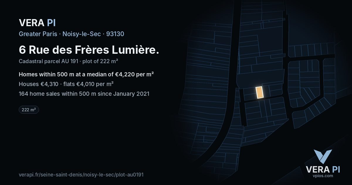 6 Rue des Frères Lumière, Noisy-le-Sec at night – the plot lit, the parcels around coloured by the prices near them