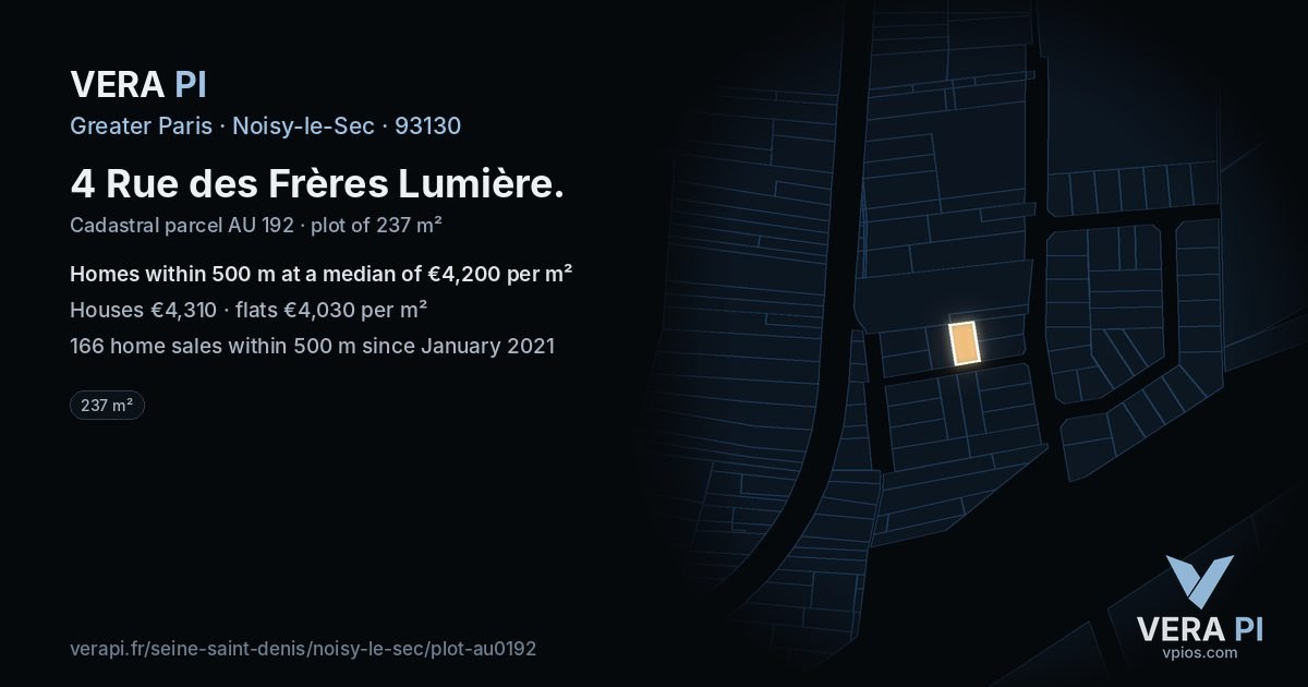 4 Rue des Frères Lumière, Noisy-le-Sec at night – the plot lit, the parcels around coloured by the prices near them