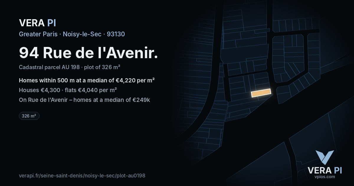 94 Rue de l'Avenir, Noisy-le-Sec at night – the plot lit, the parcels around coloured by the prices near them