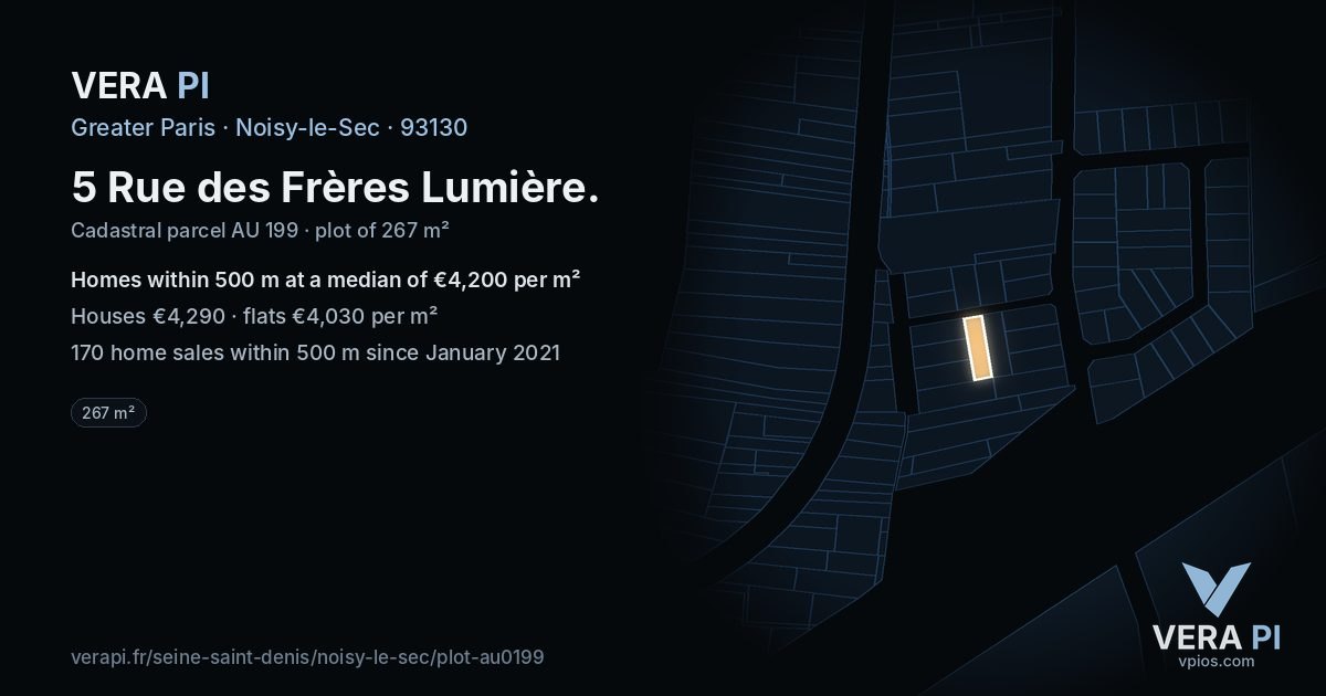5 Rue des Frères Lumière, Noisy-le-Sec at night – the plot lit, the parcels around coloured by the prices near them