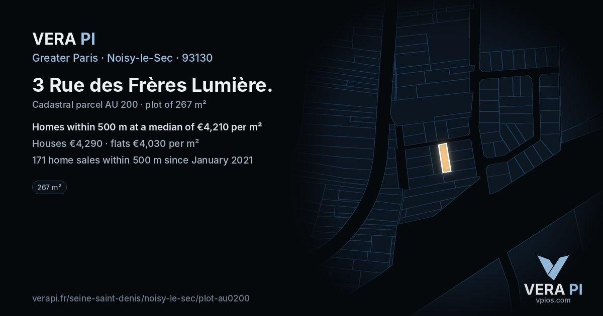 3 Rue des Frères Lumière, Noisy-le-Sec at night – the plot lit, the parcels around coloured by the prices near them