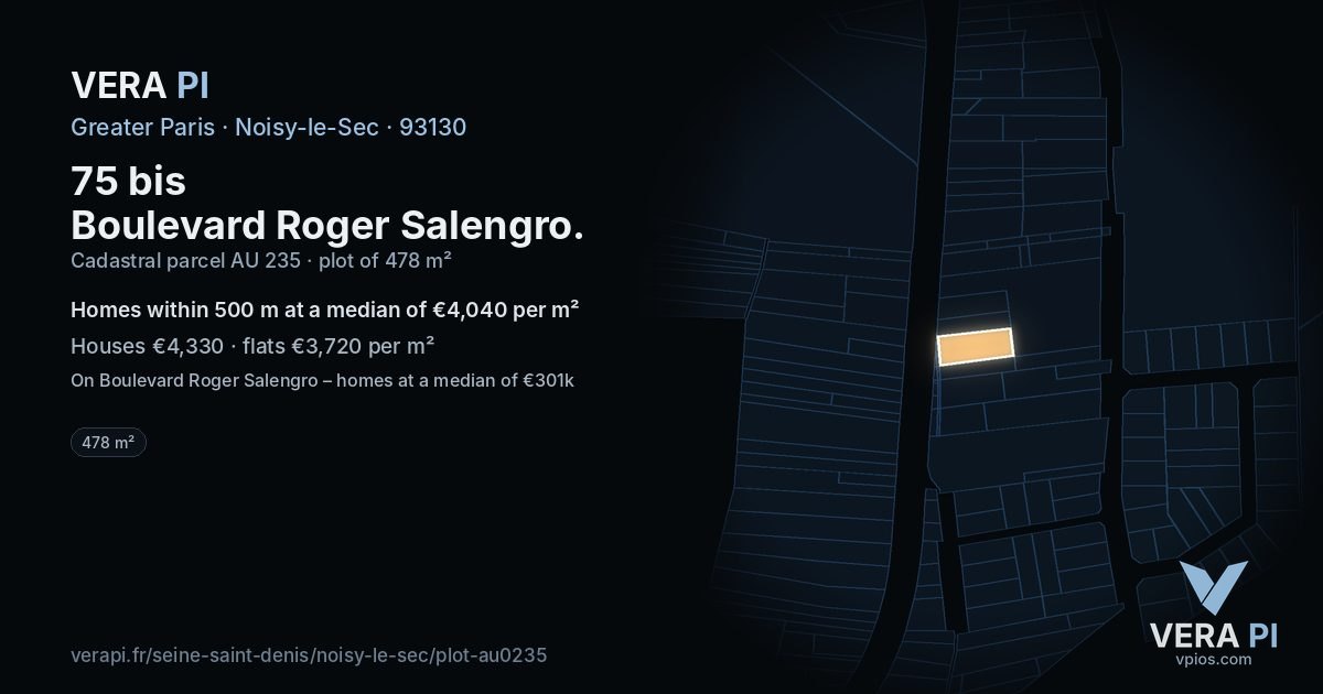 75 bis Boulevard Roger Salengro, Noisy-le-Sec at night – the plot lit, the parcels around coloured by the prices near them