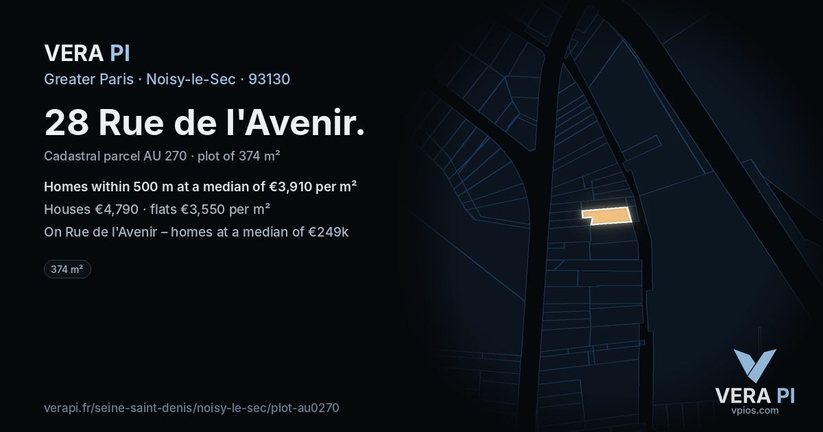 28 Rue de l'Avenir, Noisy-le-Sec at night – the plot lit, the parcels around coloured by the prices near them