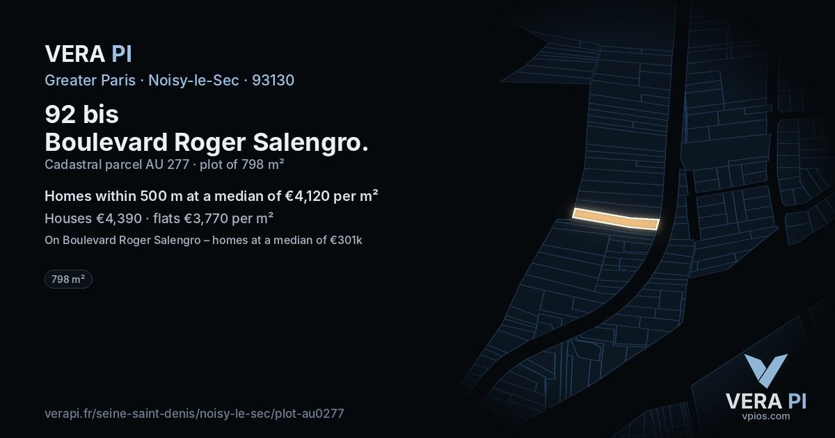 92 bis Boulevard Roger Salengro, Noisy-le-Sec at night – the plot lit, the parcels around coloured by the prices near them