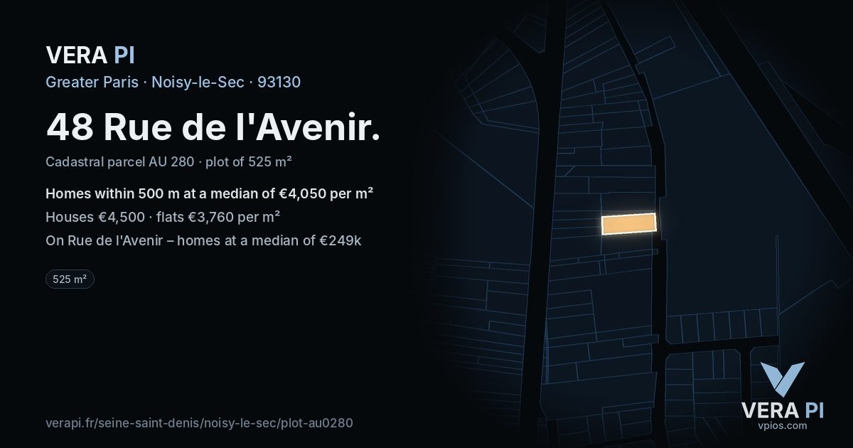 48 Rue de l'Avenir, Noisy-le-Sec at night – the plot lit, the parcels around coloured by the prices near them