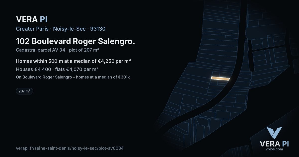 102 Boulevard Roger Salengro, Noisy-le-Sec at night – the plot lit, the parcels around coloured by the prices near them