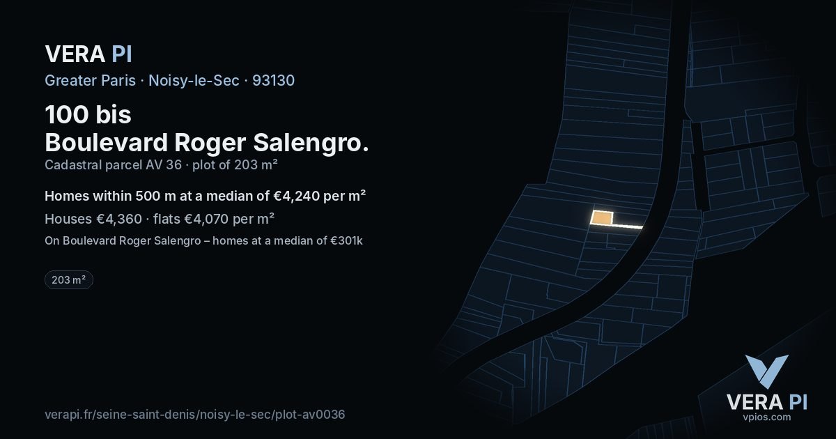 100 bis Boulevard Roger Salengro, Noisy-le-Sec at night – the plot lit, the parcels around coloured by the prices near them
