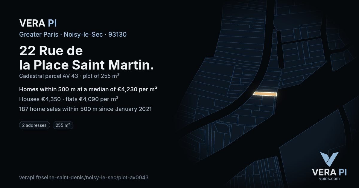 22 Rue de la Place Saint Martin, Noisy-le-Sec at night – the plot lit, the parcels around coloured by the prices near them