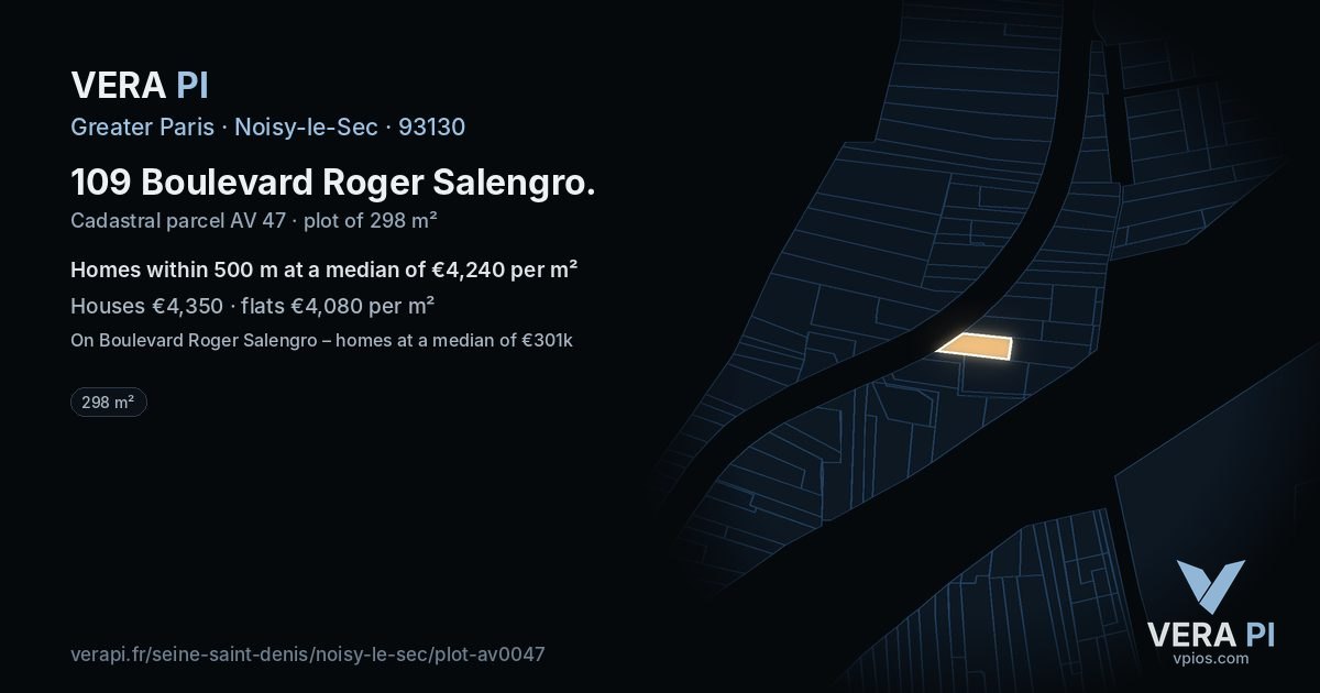 109 Boulevard Roger Salengro, Noisy-le-Sec at night – the plot lit, the parcels around coloured by the prices near them