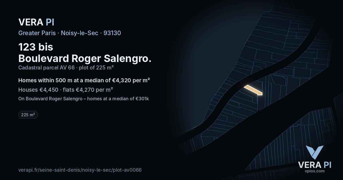 123 bis Boulevard Roger Salengro, Noisy-le-Sec at night – the plot lit, the parcels around coloured by the prices near them