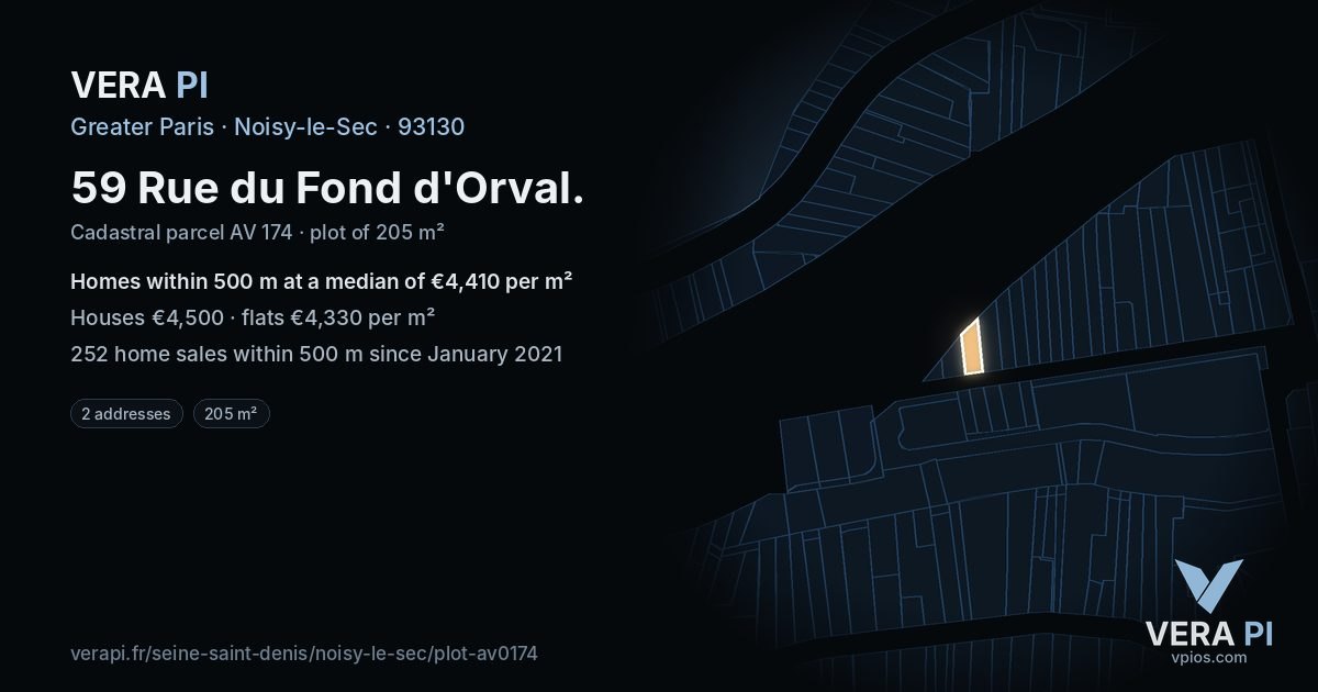 59 Rue du Fond d'Orval, Noisy-le-Sec at night – the plot lit, the parcels around coloured by the prices near them