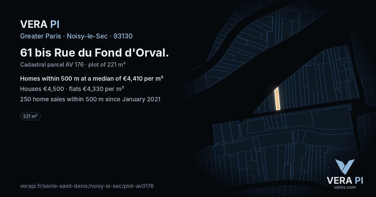 61 bis Rue du Fond d'Orval, Noisy-le-Sec at night – the plot lit, the parcels around coloured by the prices near them