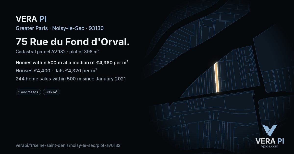 75 Rue du Fond d'Orval, Noisy-le-Sec at night – the plot lit, the parcels around coloured by the prices near them