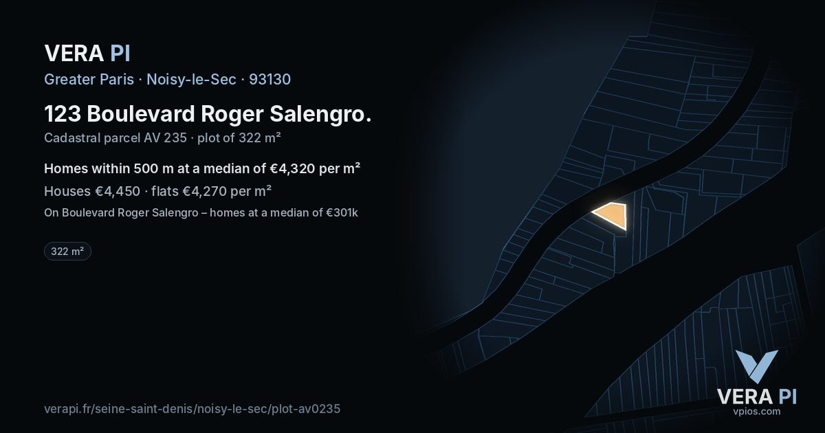 123 Boulevard Roger Salengro, Noisy-le-Sec at night – the plot lit, the parcels around coloured by the prices near them