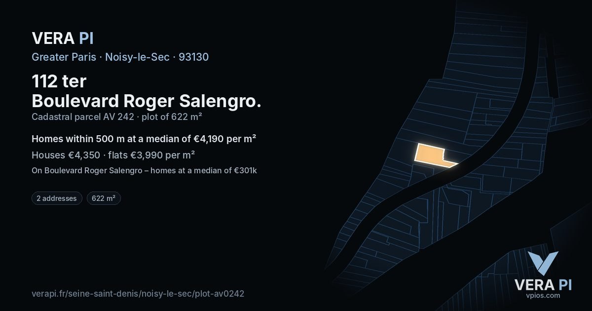 112 ter Boulevard Roger Salengro, Noisy-le-Sec at night – the plot lit, the parcels around coloured by the prices near them