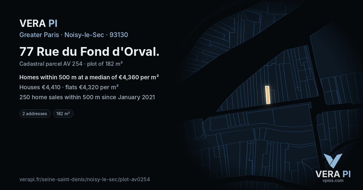 77 Rue du Fond d'Orval, Noisy-le-Sec at night – the plot lit, the parcels around coloured by the prices near them