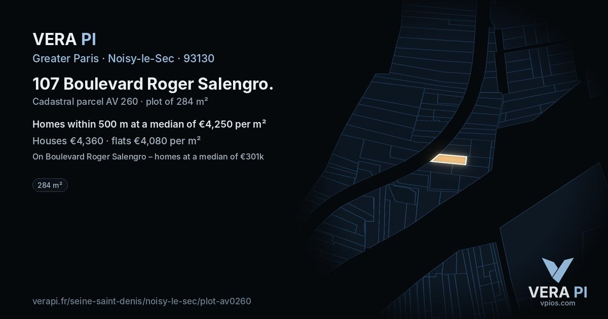107 Boulevard Roger Salengro, Noisy-le-Sec at night – the plot lit, the parcels around coloured by the prices near them