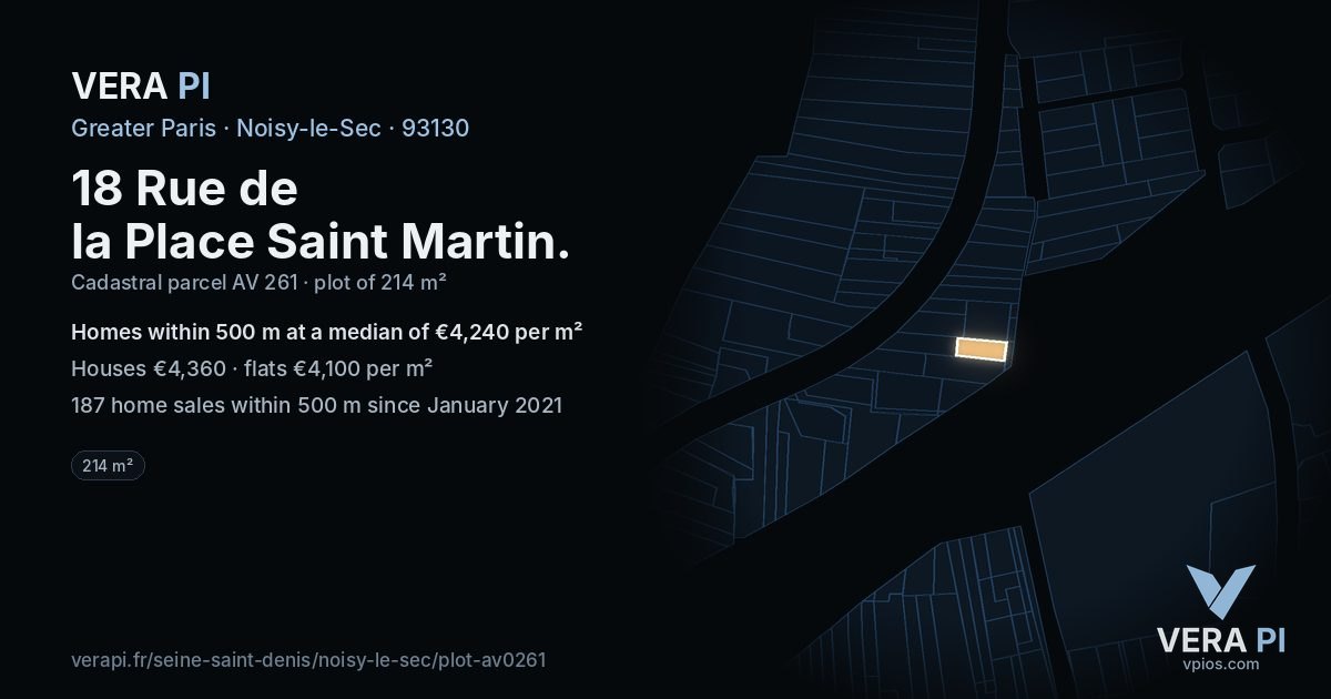 18 Rue de la Place Saint Martin, Noisy-le-Sec at night – the plot lit, the parcels around coloured by the prices near them