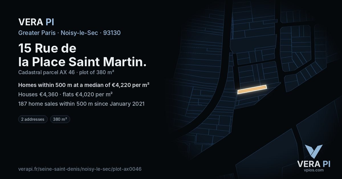 15 Rue de la Place Saint Martin, Noisy-le-Sec at night – the plot lit, the parcels around coloured by the prices near them