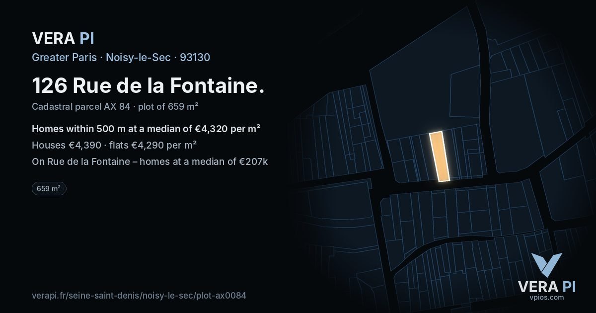 126 Rue de la Fontaine, Noisy-le-Sec at night – the plot lit, the parcels around coloured by the prices near them