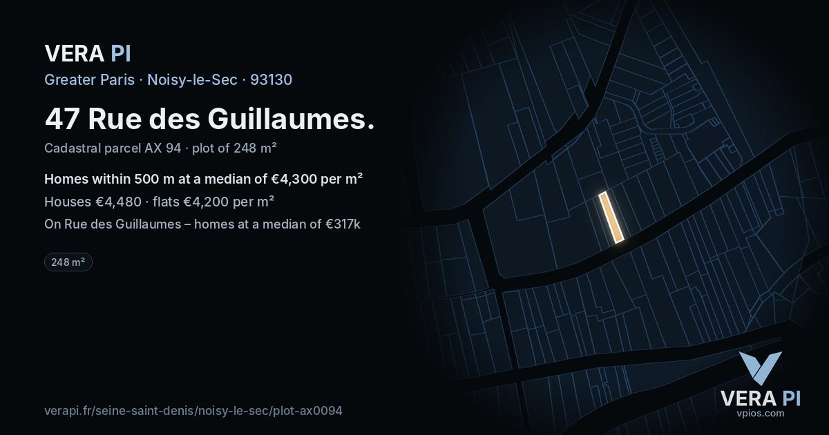 47 Rue des Guillaumes, Noisy-le-Sec at night – the plot lit, the parcels around coloured by the prices near them