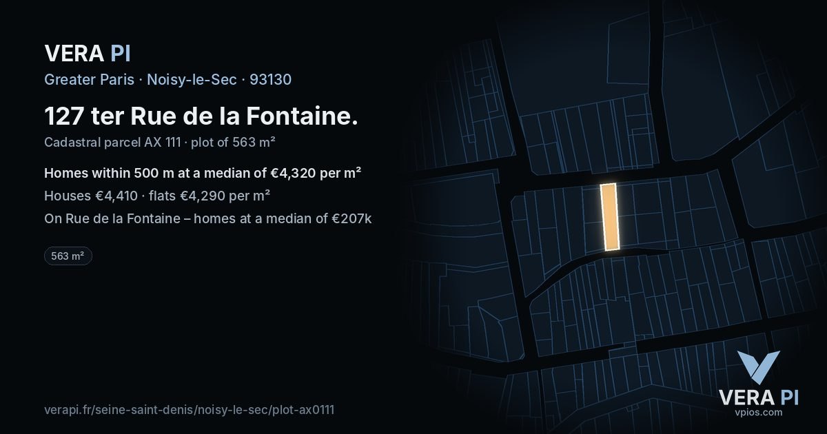 127 ter Rue de la Fontaine, Noisy-le-Sec at night – the plot lit, the parcels around coloured by the prices near them