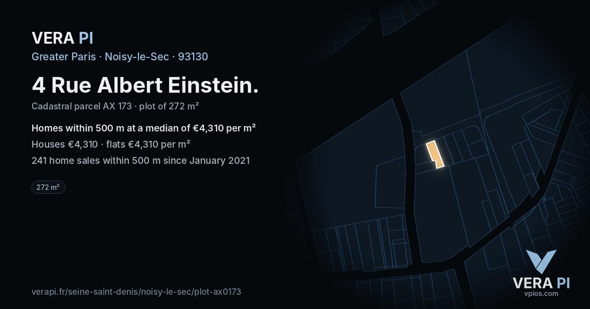 4 Rue Albert Einstein, Noisy-le-Sec at night – the plot lit, the parcels around coloured by the prices near them