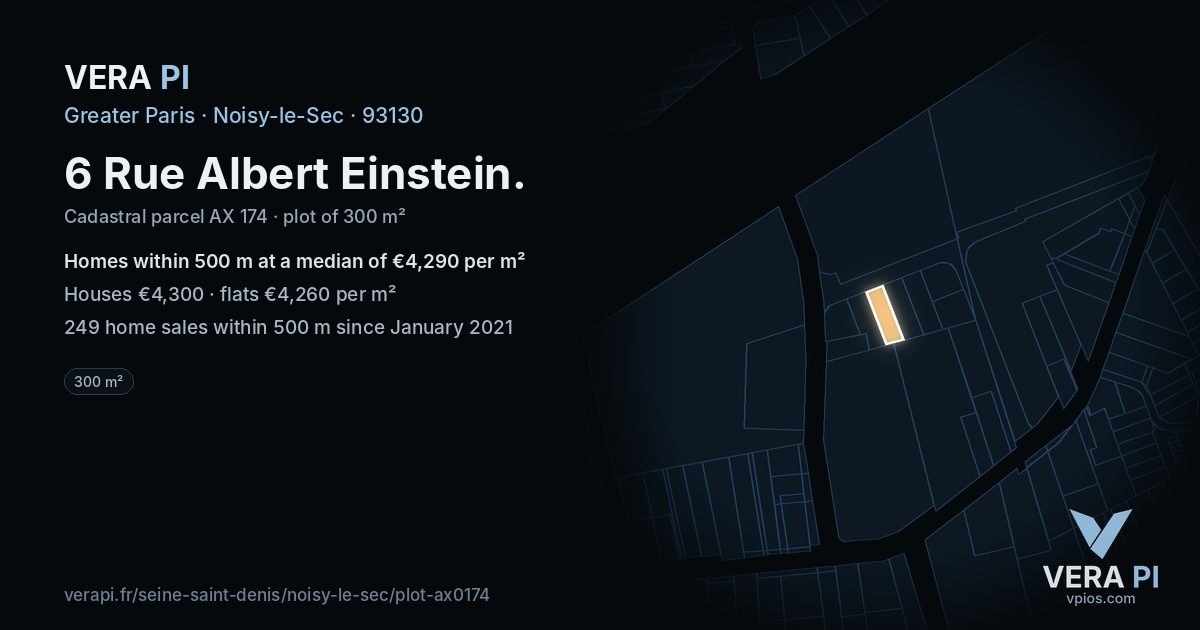 6 Rue Albert Einstein, Noisy-le-Sec at night – the plot lit, the parcels around coloured by the prices near them