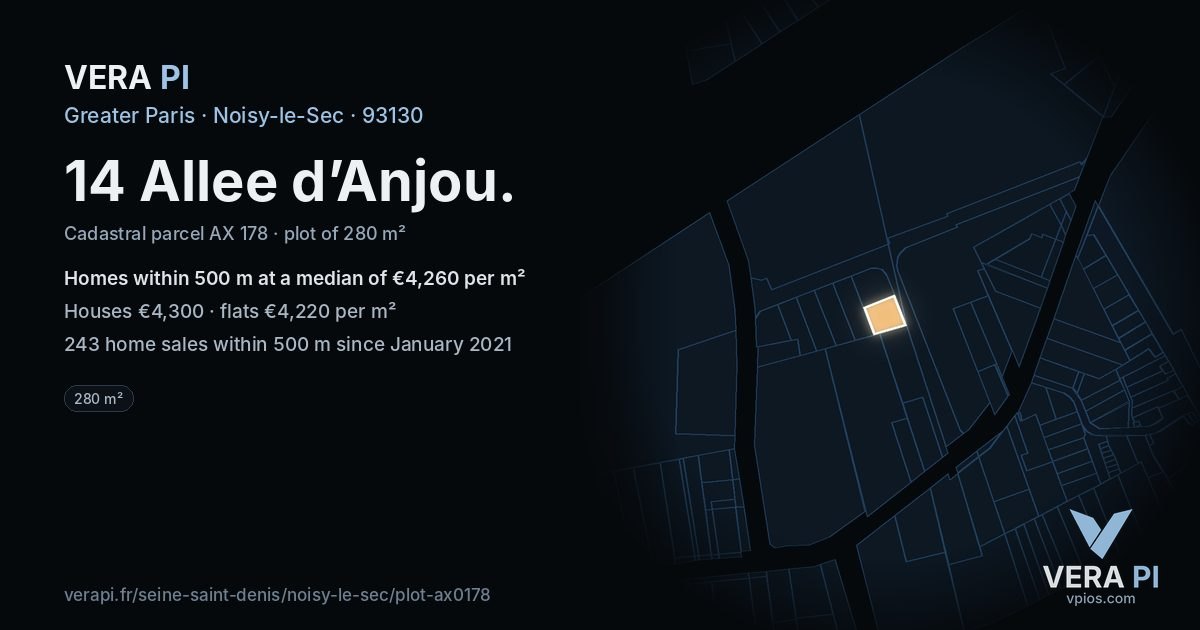 14 Allee d’Anjou, Noisy-le-Sec at night – the plot lit, the parcels around coloured by the prices near them