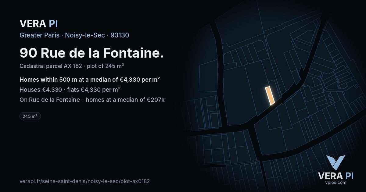 90 Rue de la Fontaine, Noisy-le-Sec at night – the plot lit, the parcels around coloured by the prices near them