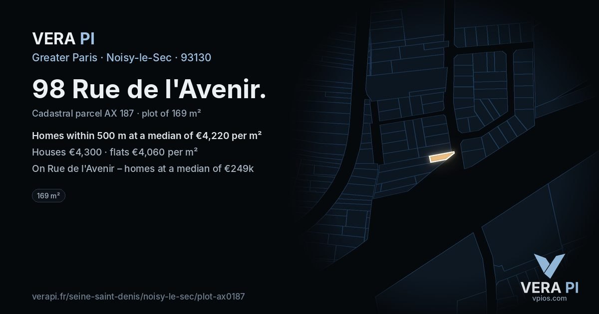 98 Rue de l'Avenir, Noisy-le-Sec at night – the plot lit, the parcels around coloured by the prices near them