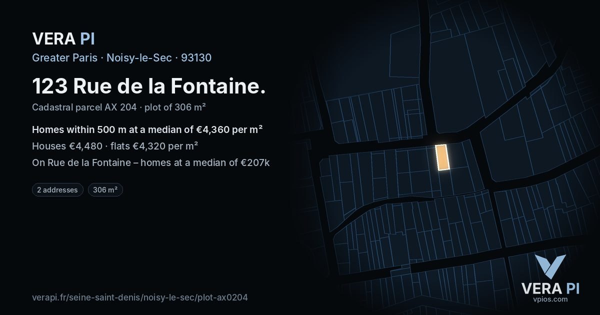 123 Rue de la Fontaine, Noisy-le-Sec at night – the plot lit, the parcels around coloured by the prices near them