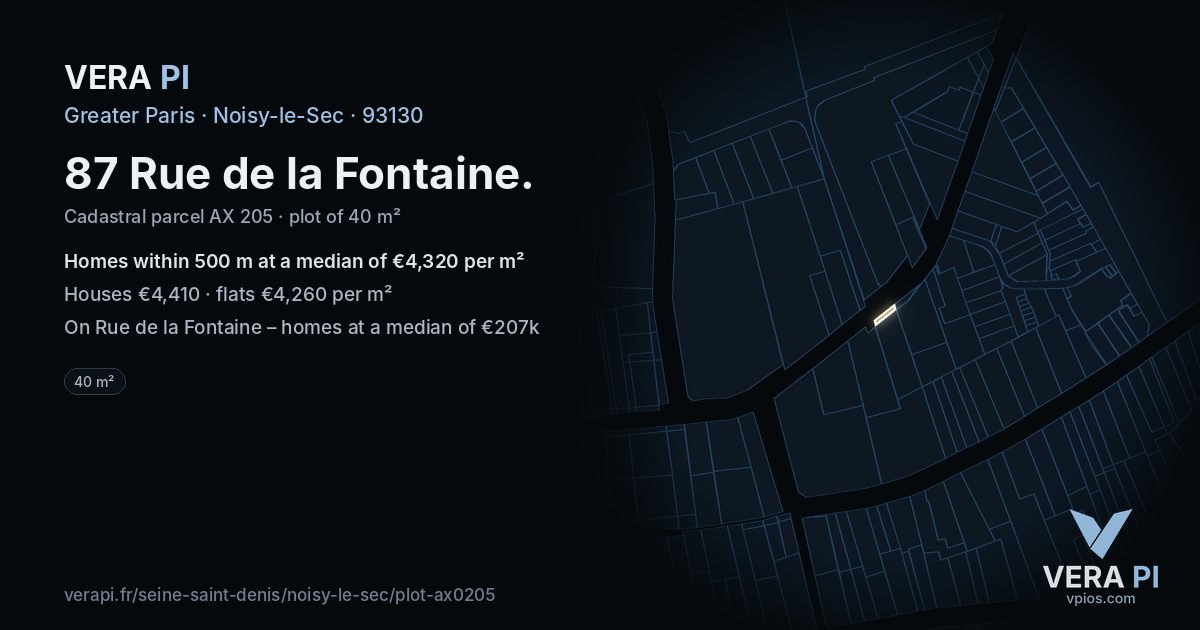87 Rue de la Fontaine, Noisy-le-Sec at night – the plot lit, the parcels around coloured by the prices near them