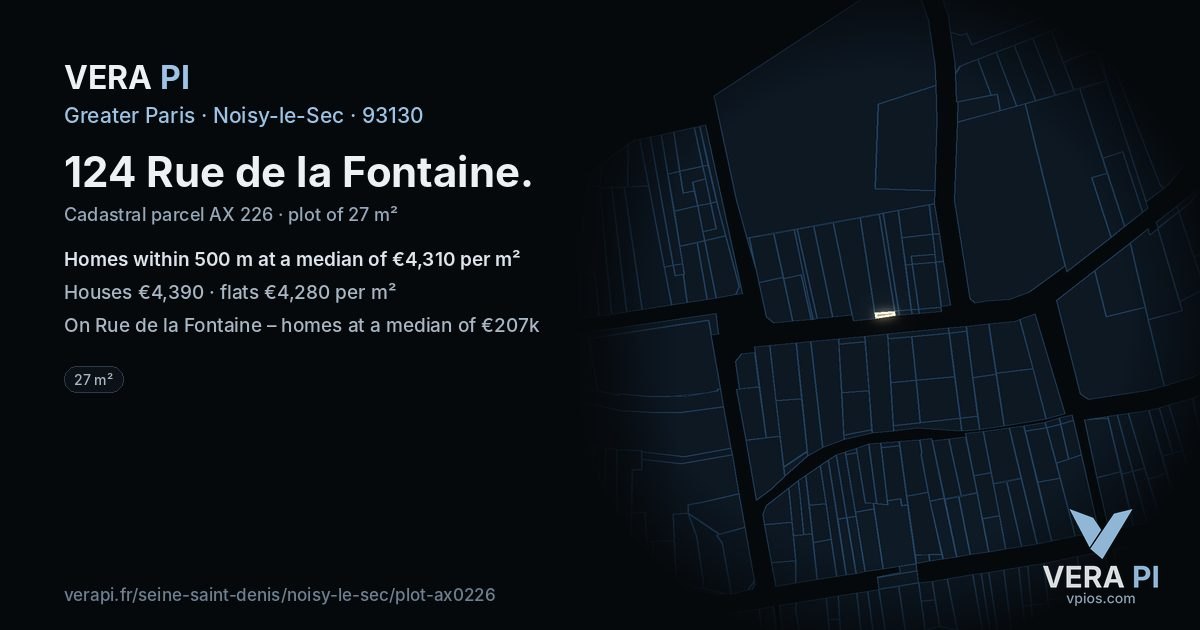 124 Rue de la Fontaine, Noisy-le-Sec at night – the plot lit, the parcels around coloured by the prices near them
