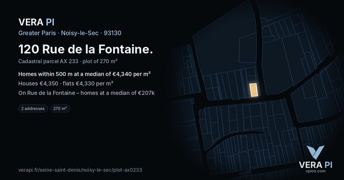 120 Rue de la Fontaine, Noisy-le-Sec at night – the plot lit, the parcels around coloured by the prices near them