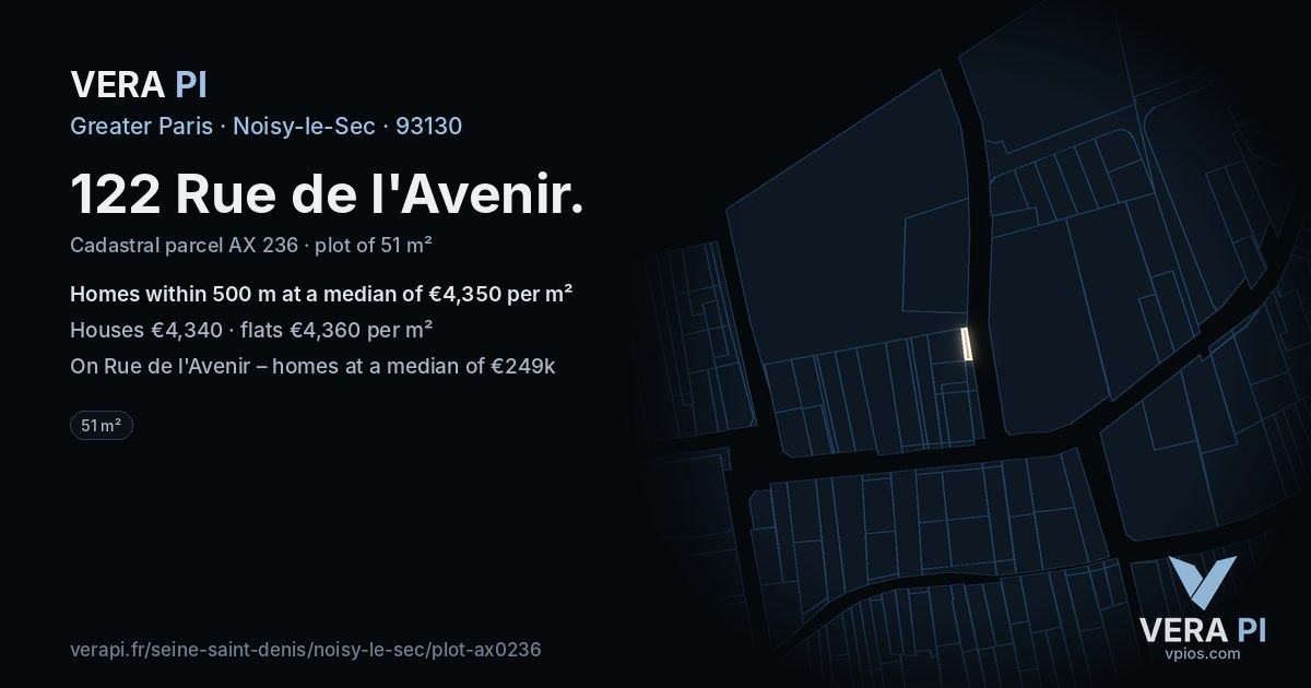 122 Rue de l'Avenir, Noisy-le-Sec at night – the plot lit, the parcels around coloured by the prices near them