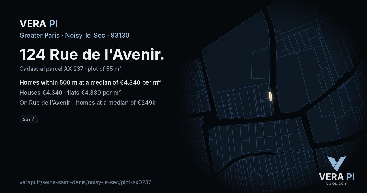 124 Rue de l'Avenir, Noisy-le-Sec at night – the plot lit, the parcels around coloured by the prices near them