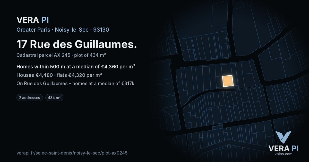 17 Rue des Guillaumes, Noisy-le-Sec at night – the plot lit, the parcels around coloured by the prices near them