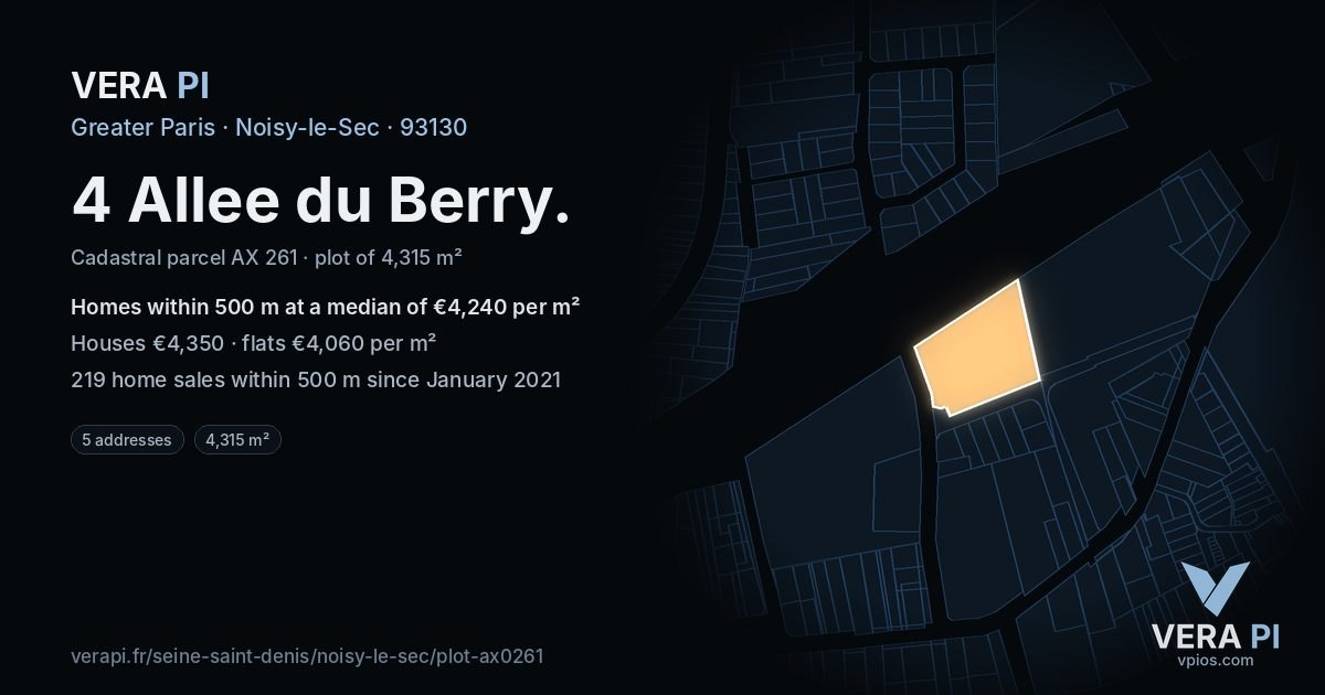 4 Allee du Berry, Noisy-le-Sec at night – the plot lit, the parcels around coloured by the prices near them