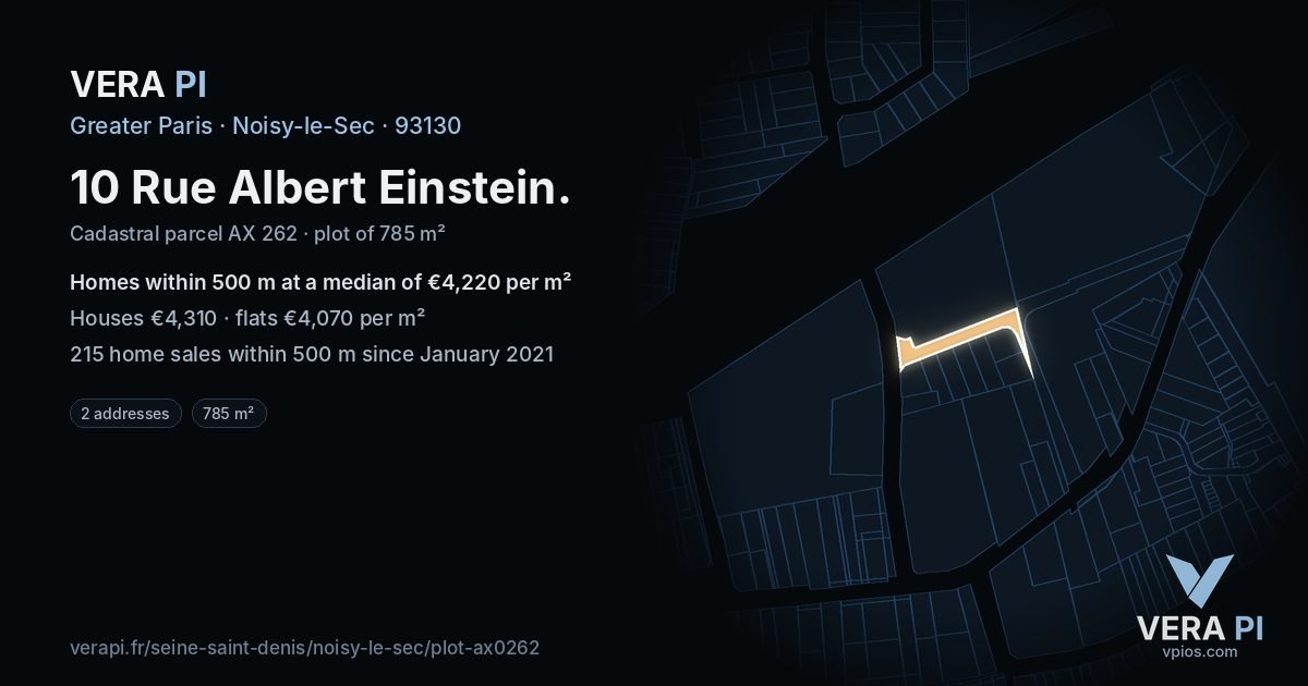 10 Rue Albert Einstein, Noisy-le-Sec at night – the plot lit, the parcels around coloured by the prices near them