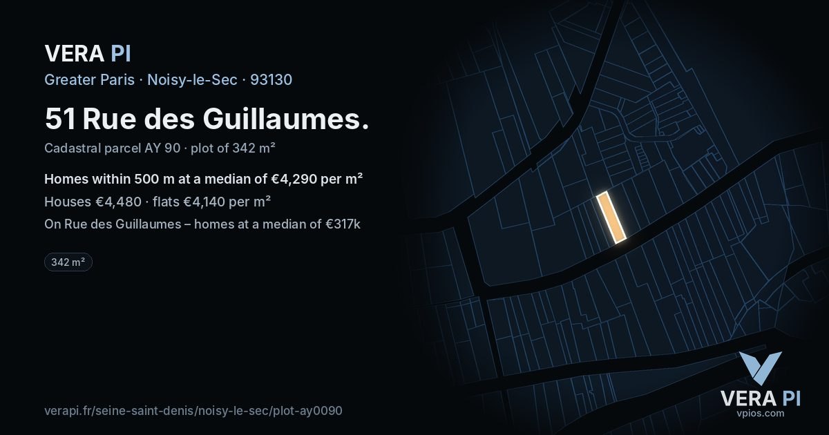 51 Rue des Guillaumes, Noisy-le-Sec at night – the plot lit, the parcels around coloured by the prices near them