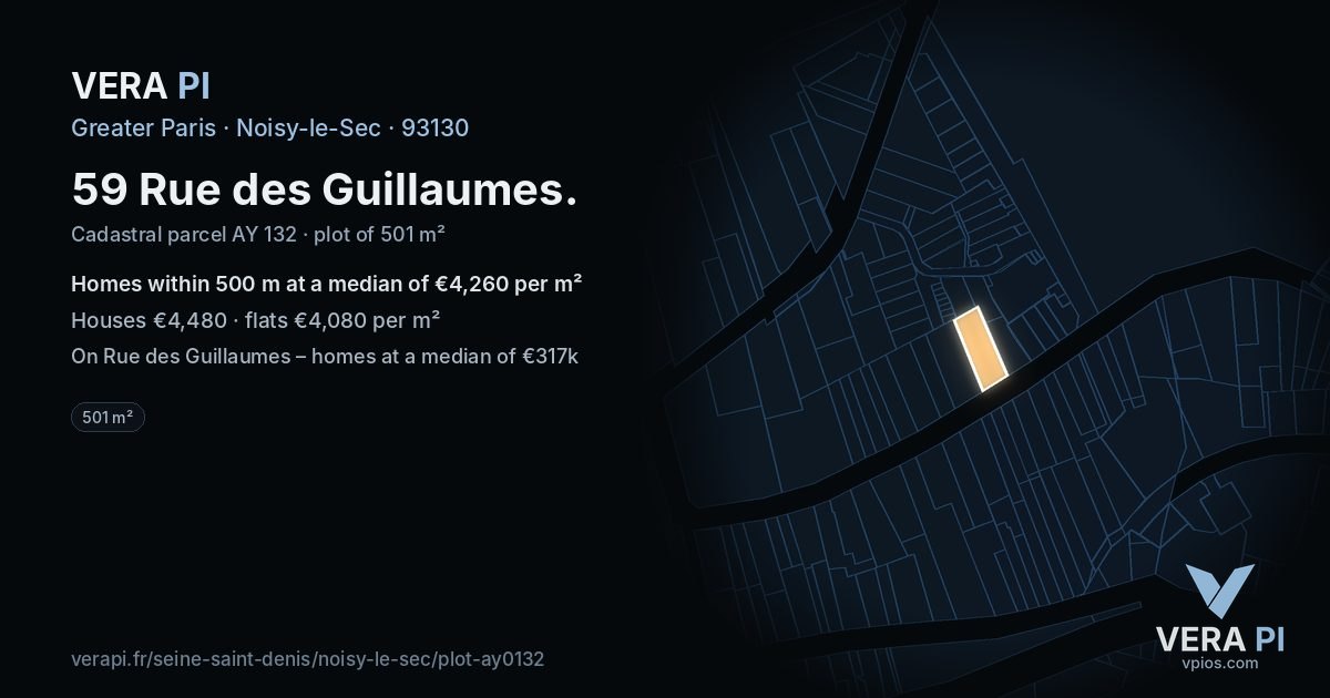 59 Rue des Guillaumes, Noisy-le-Sec at night – the plot lit, the parcels around coloured by the prices near them