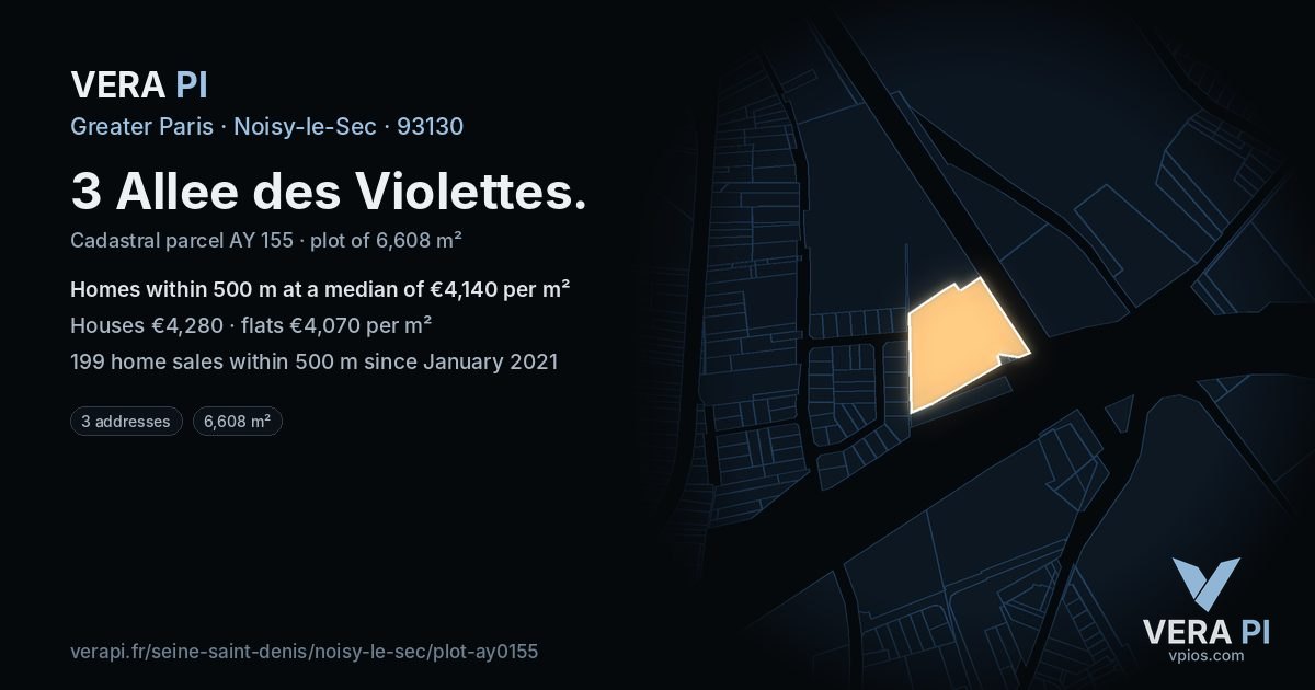 3 Allee des Violettes, Noisy-le-Sec at night – the plot lit, the parcels around coloured by the prices near them