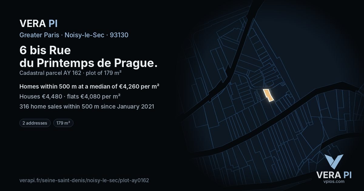 6 bis Rue du Printemps de Prague, Noisy-le-Sec at night – the plot lit, the parcels around coloured by the prices near them